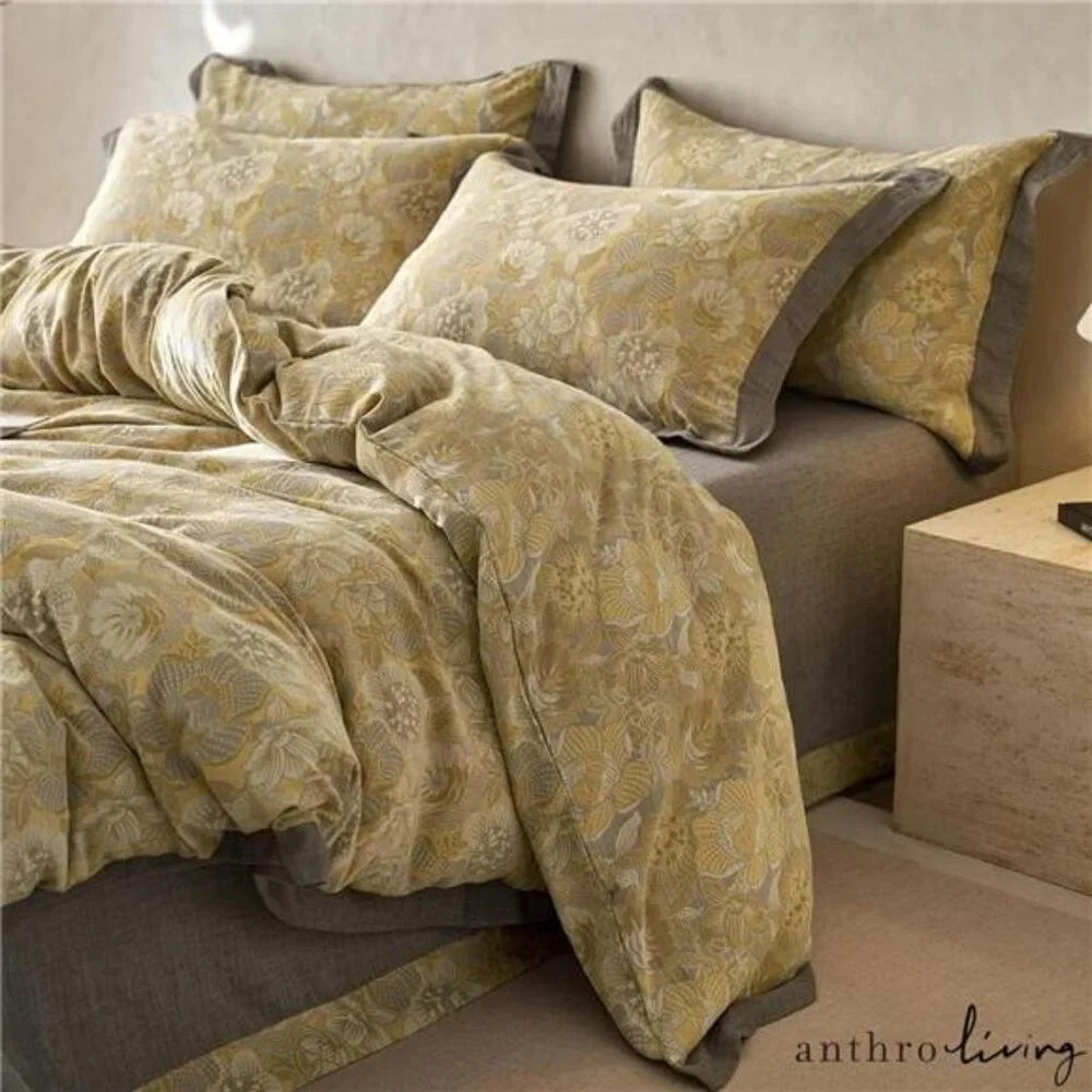 NEW Anthro Yellow Floral Jacquard Queen / King Cotton Bedding Duvet & Sham Set